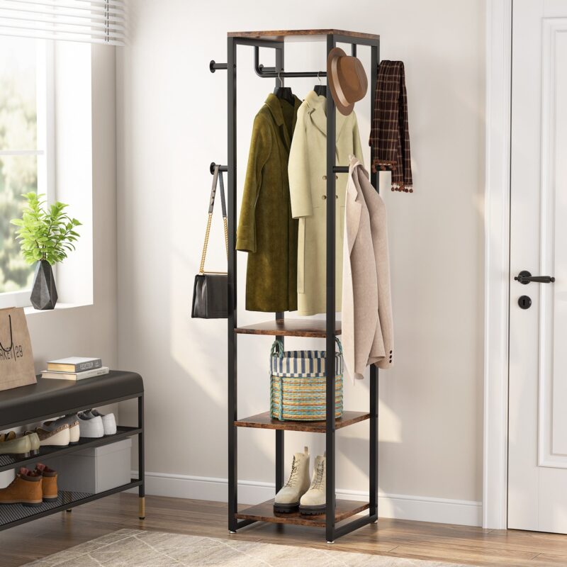 Coat Rack, Freestanding Corner Hall Tree with 4 Shelves 8 Hooks - Image 3