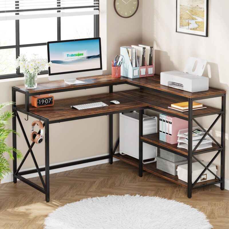 L-Shaped Desk, Reversible Corner Desk with Storage Shelves and Monitor Stand - Image 2