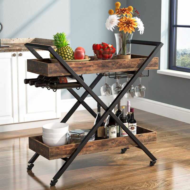 Bar Cart ,Mobile Serving Cart Kitchen Cart with 2-Tier Shelves