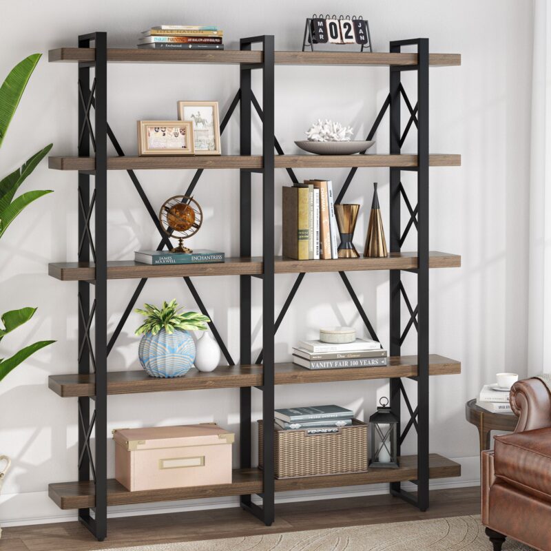 Bookshelf, Double Wide 5-Shelf Etagere Bookcase - Image 2