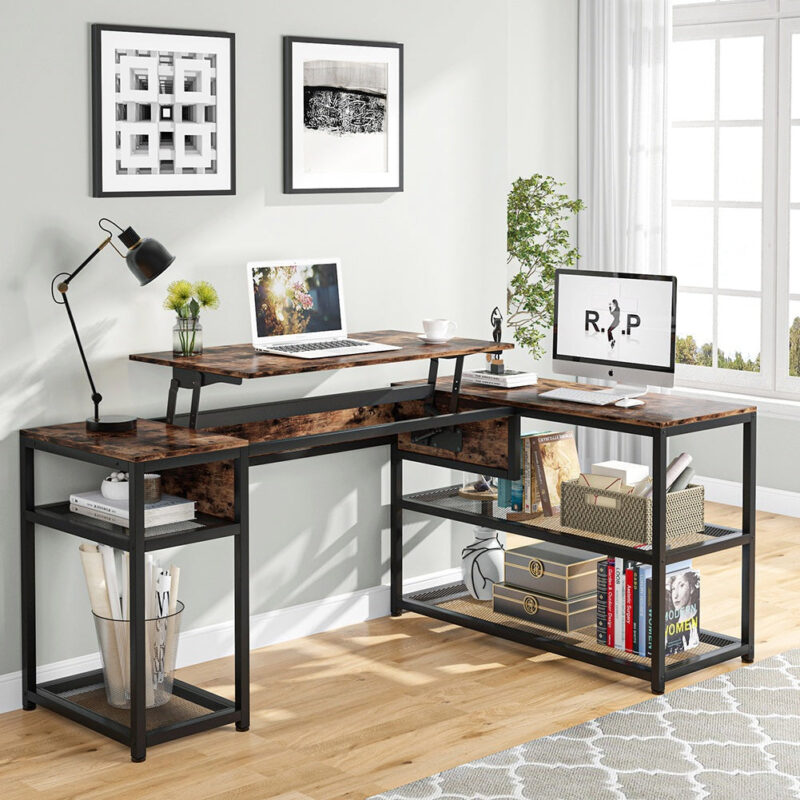 Lift Top L-Shaped Desk, Industrial Height Adjustable Corner Desk - Image 3