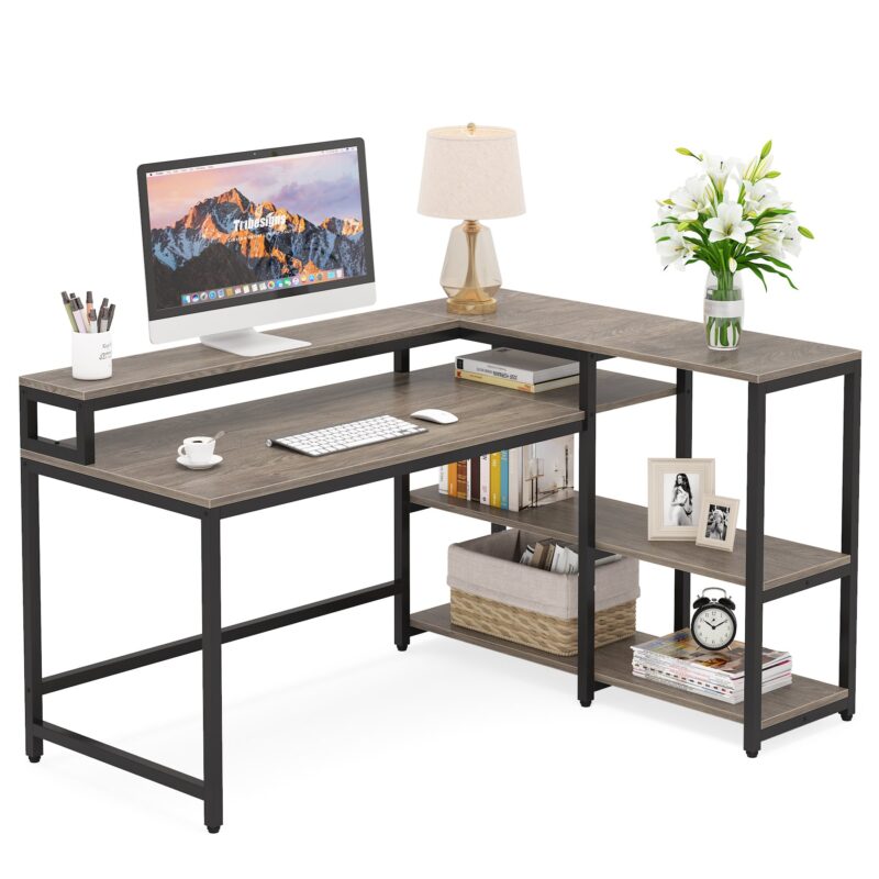 Reversible L Shaped Computer Corner Desk with Shelves - Image 11