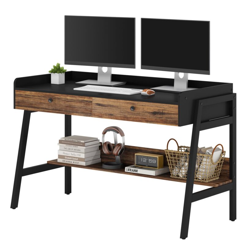 Computer Desk, Industrial Writing Desk with 2 Large Drawers