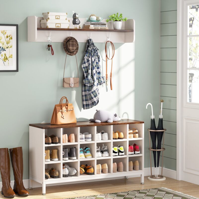 Coat Rack Shoe Bench Set, Hall Tree with Bench and 18 Shoe Cubbies - Image 2