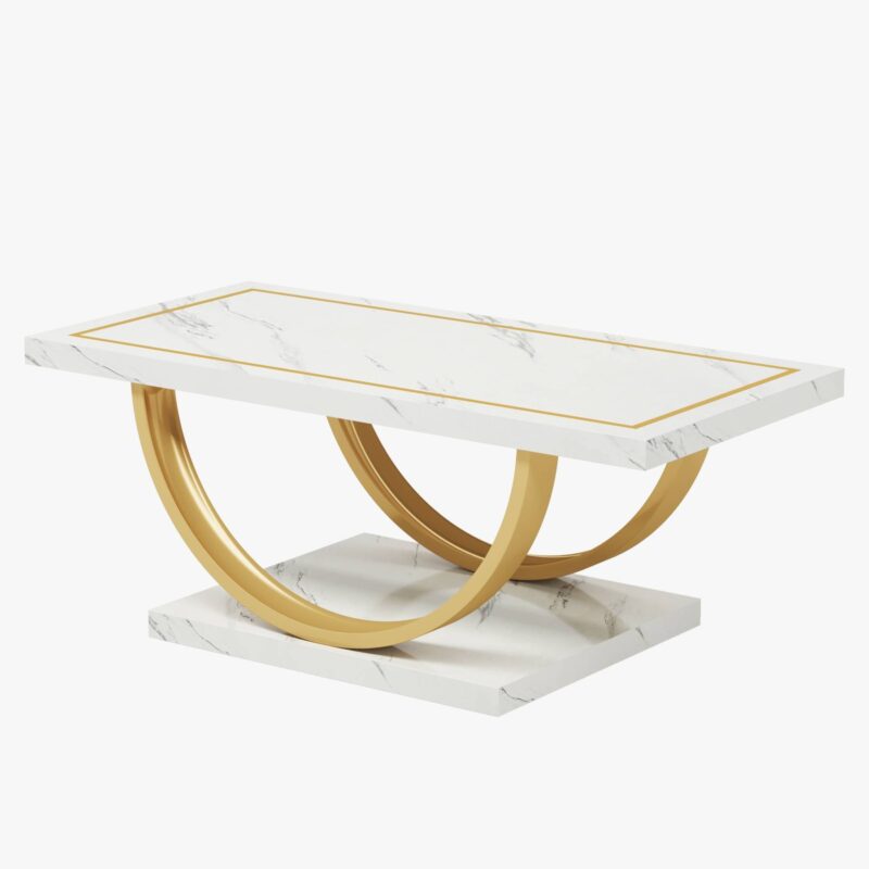 Coffee Table, Mid Century Modern Center Table with Faux Marble Veneer - Image 2