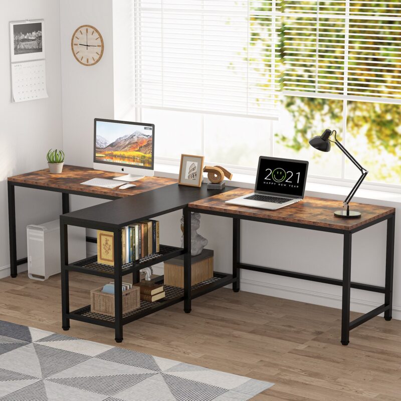 Two Person Desk, 94.5" Double Computer Desk with Shelves