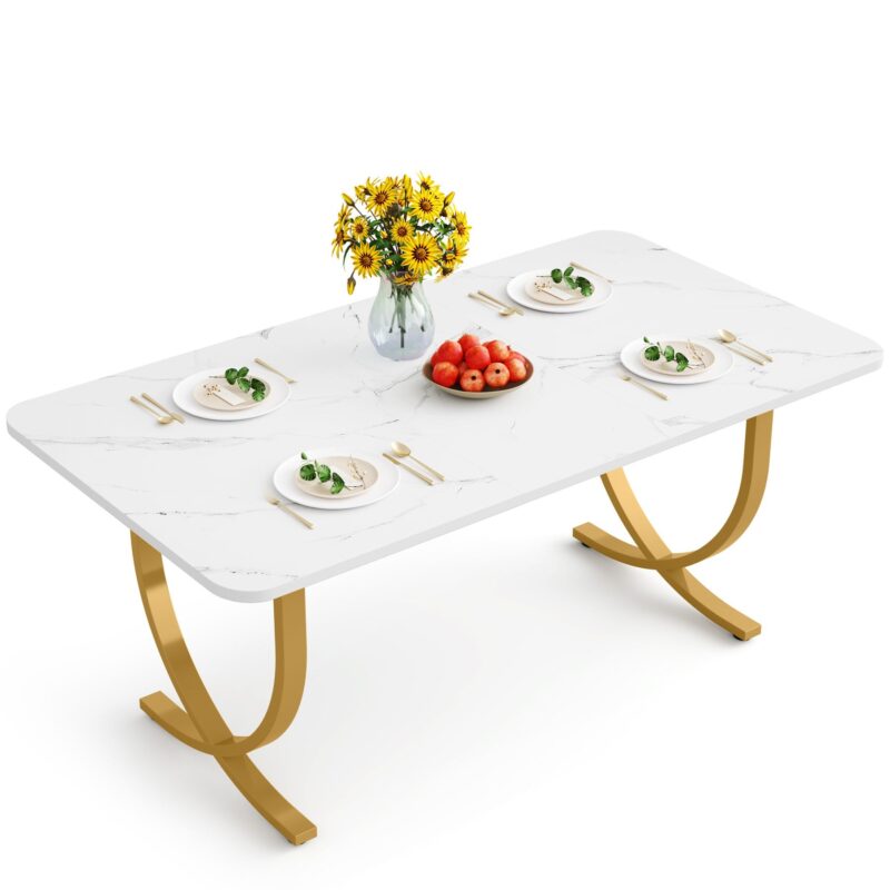 Dining Table, 63" Modern Kitchen Table with Faux Marble Table Top - Image 2