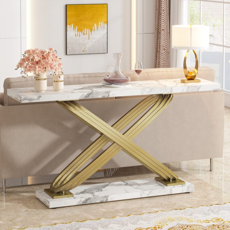 Console Table, 55" Modern Faux Marble Sofa Entryway Table - Image 2