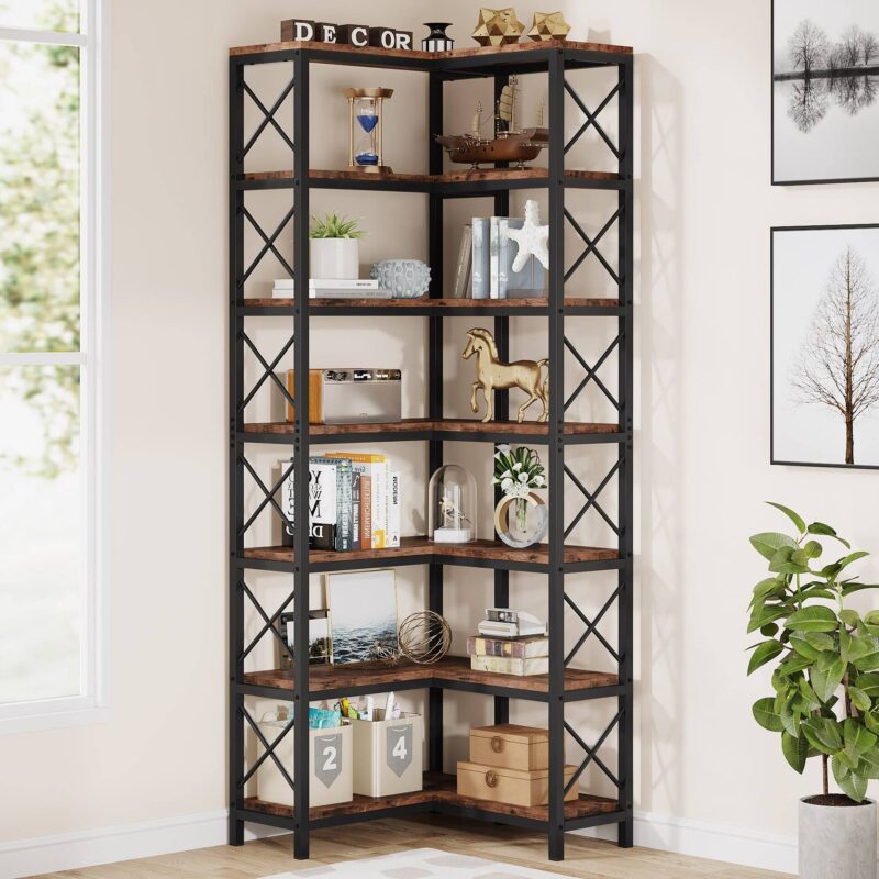 Corner Bookshelf, 7-Tier Tall Corner Bookcase Storage Display Rack