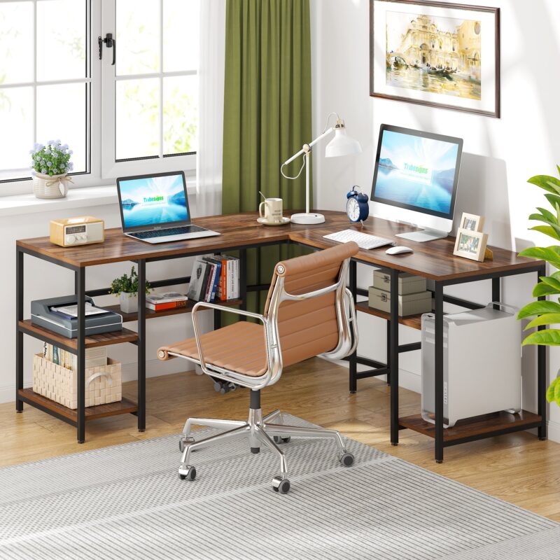 L-Shaped Desk, 59" Reversible Corner Computer Desk with Storage Shelves - Image 3