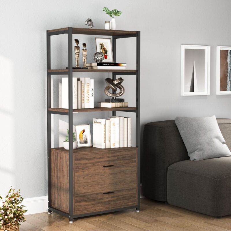 Bookshelf, Rustic Etagere Bookcase with Drawers & Shelves - Image 3