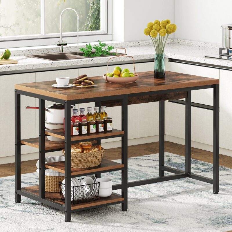 Kitchen Island, Industrial Kitchen Counter Dining Table with Storage Shelves - Image 2