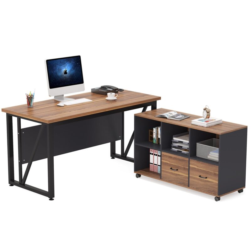 L-Shaped Desk, 55" Executive Desk Computer Table and 43" File Cabinet - Image 2