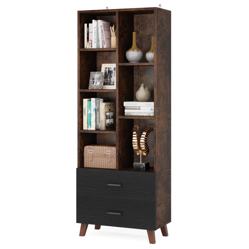 Bookshelf, 7 Cube Bookcase Rack with 2 Storage Drawers