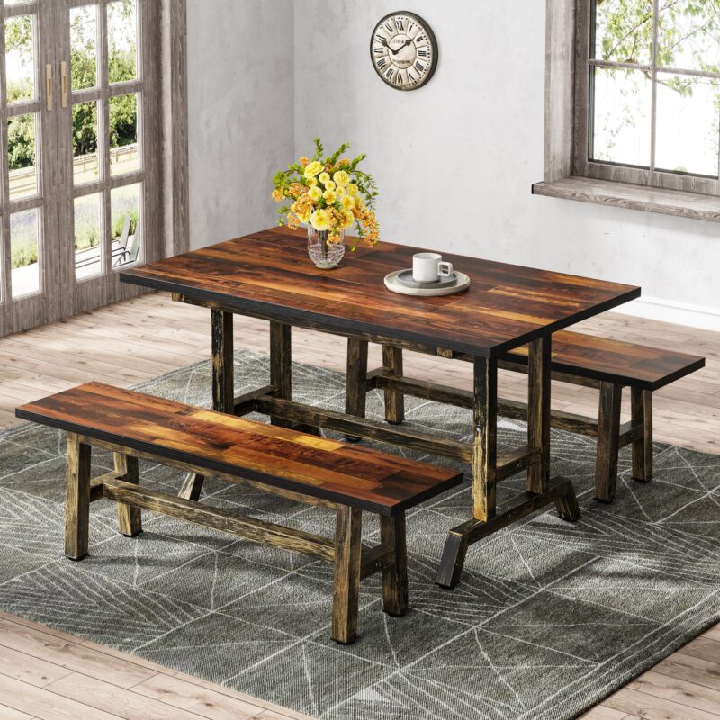 Dining Table Set, 3-Piece 47" Kitchen Table with 2 Benches - Image 3