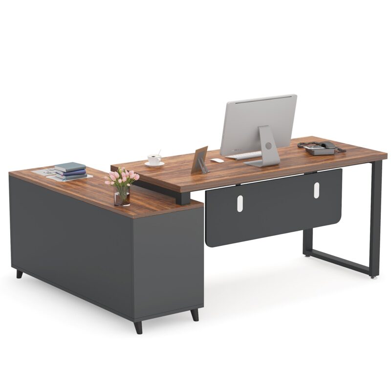 55 Inch L-Shaped Computer Executive Desk with 47 inch File Cabinet