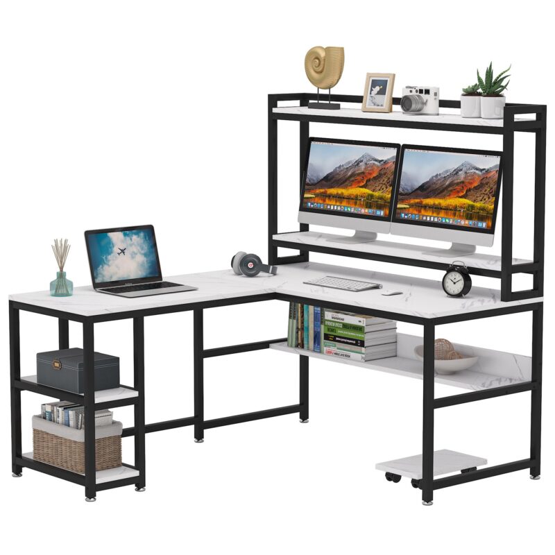 L-Shaped Desk, 59" Corner Computer Desk with Hutch and Shelves