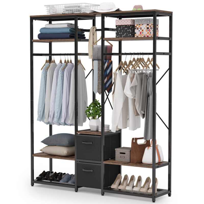 Freestanding Closet Organizer, Metal Garment Rack with Shelves