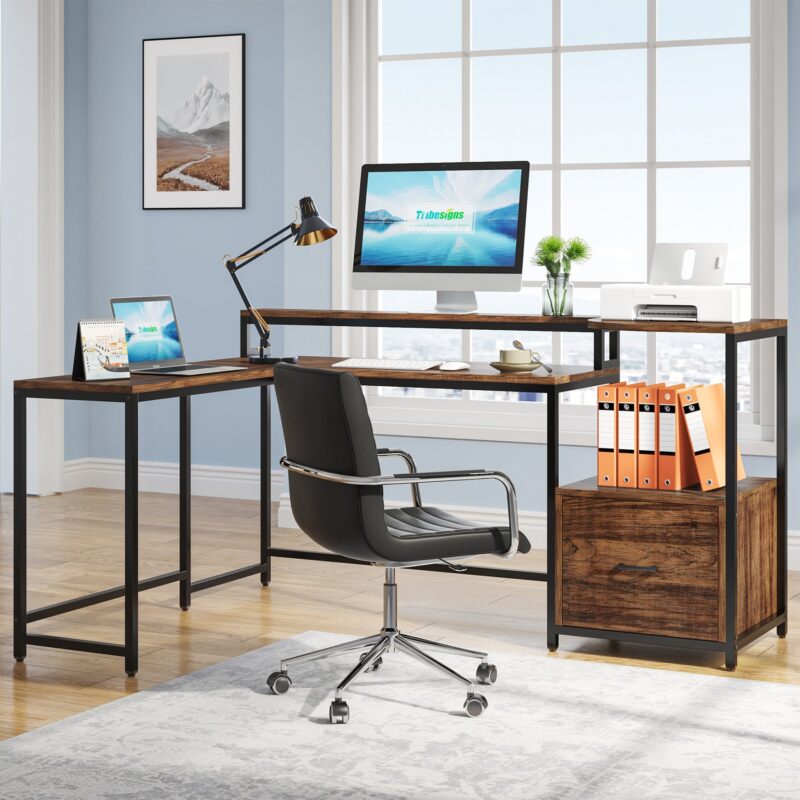 L-Shaped Desk, 67 Inch Corner Computer Desk with Hutch and Drawer - Image 2