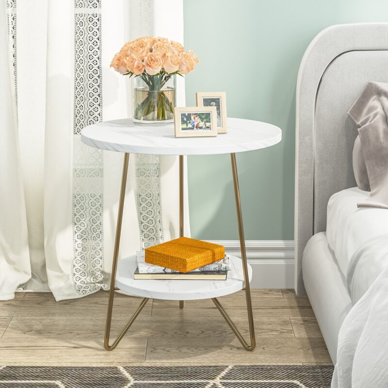 End Table, 2 Tier Round Sofa Bedside Table with Shelves - Image 4