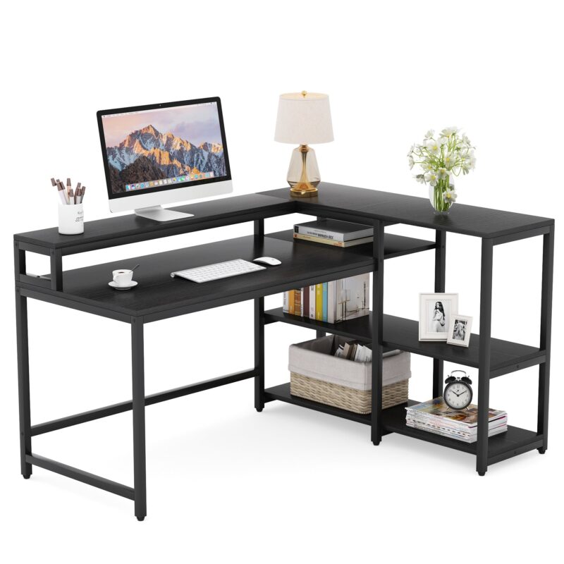 Reversible L Shaped Computer Corner Desk with Shelves - Image 9