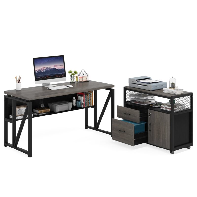 L-Shaped Desk Set, 55" Executive Desk and 32" File Cabinet - Image 7