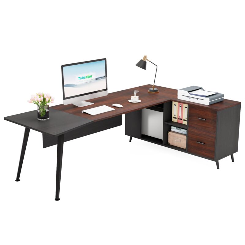 Executive Desk, 87” L-Shaped Computer Desk with 51” File Cabinet