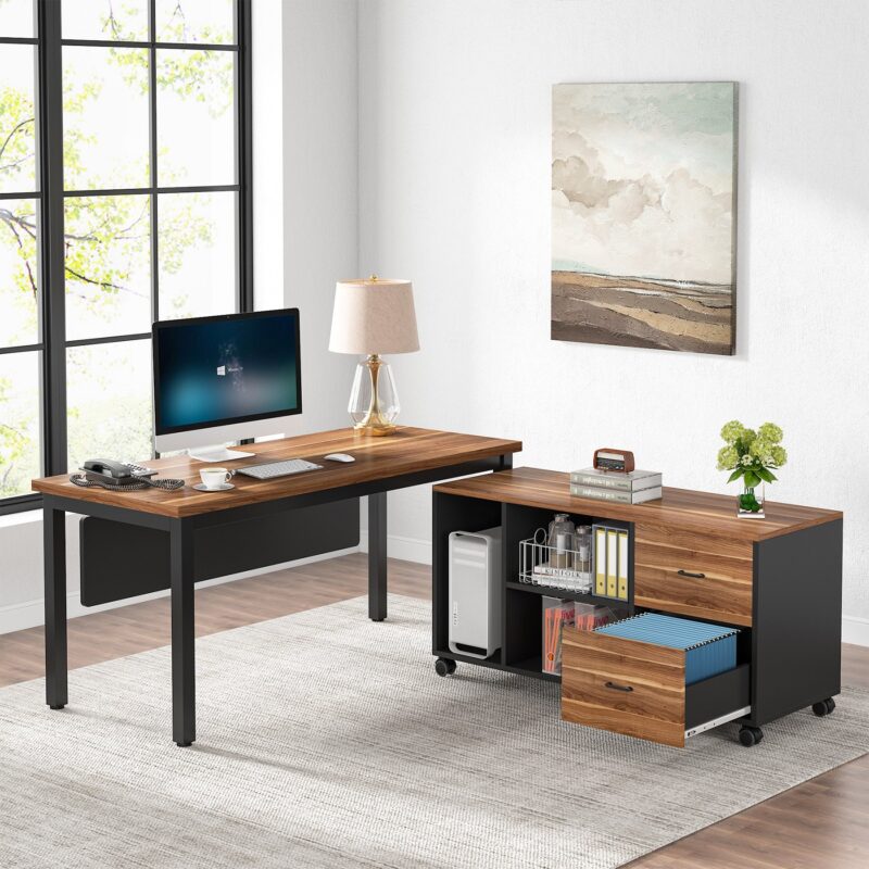 L-Shaped Desk,  Executive Computer Desk with Storage Cabinet