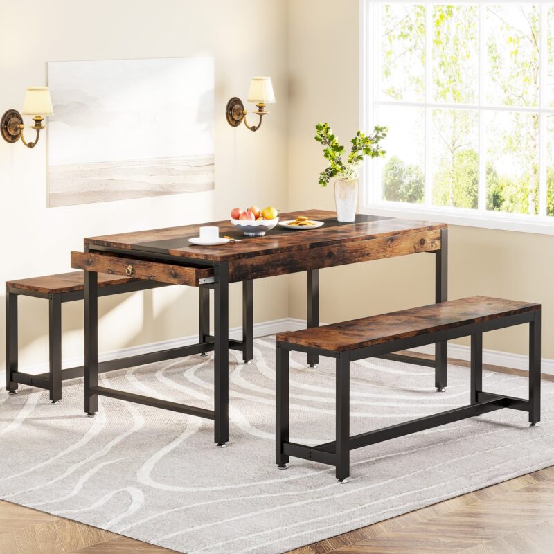 Dining Table Set, Kitchen Breakfast Table with 2 Benches & Sided Drawer - Image 2