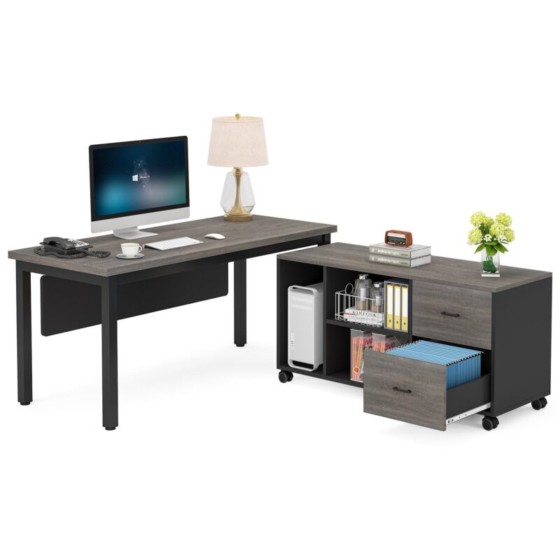 L-Shaped Desk,  Executive Computer Desk with Storage Cabinet - Image 7