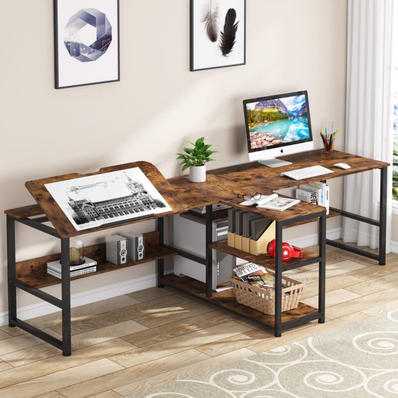 Two Person Desk, 94.5"Computer Desk with Shelves and Tiltable Tabletop - Image 2