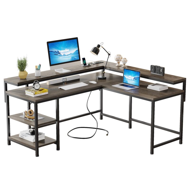 L-Shaped Desk, Corner Desk with Power Outlets & Monitor Shelves - Image 8