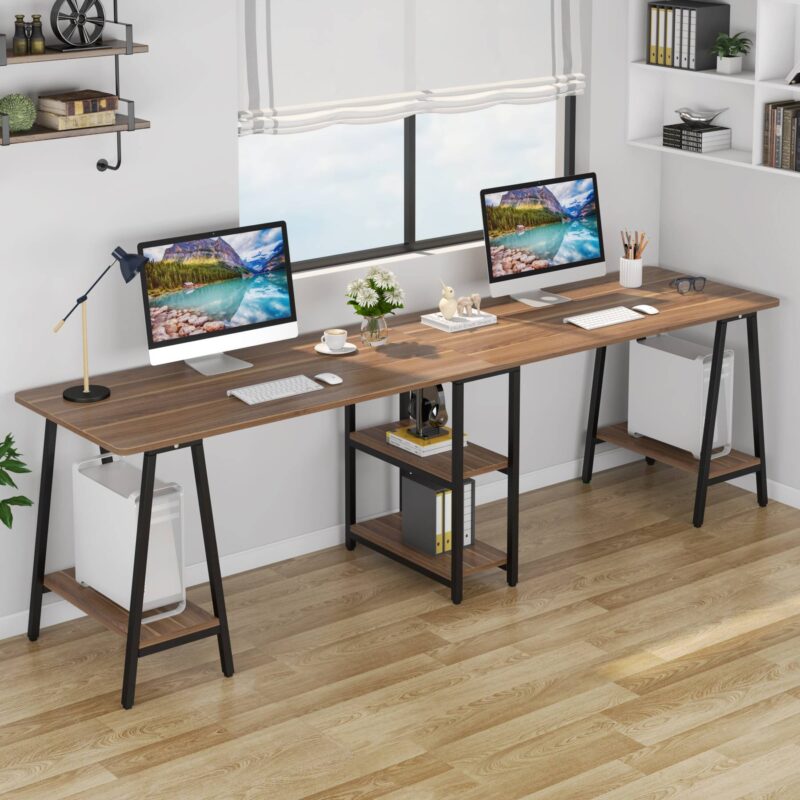 Two Person Desk, 94.5" Double Computer Desk with Storage Shelves