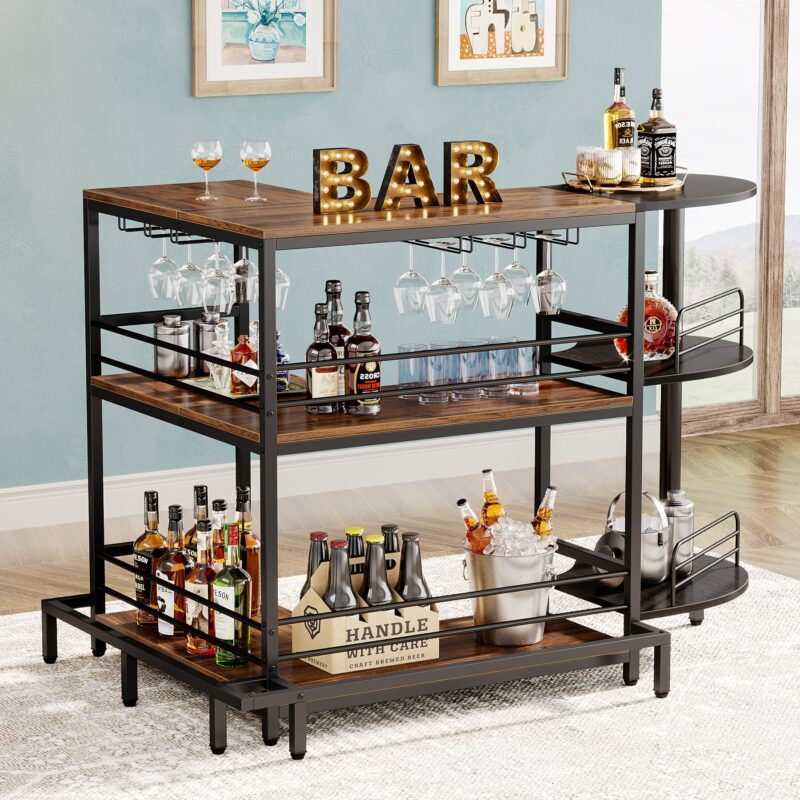 Home Bar Unit, 3-Tier L-Shaped Liquor Bar Table with Glass Holders - Image 2