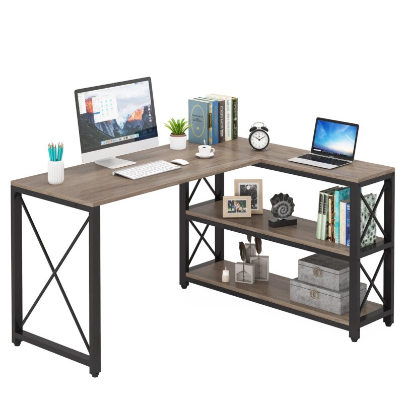 L-Shaped Desk, Reversible Corner Computer Desk with Shelves