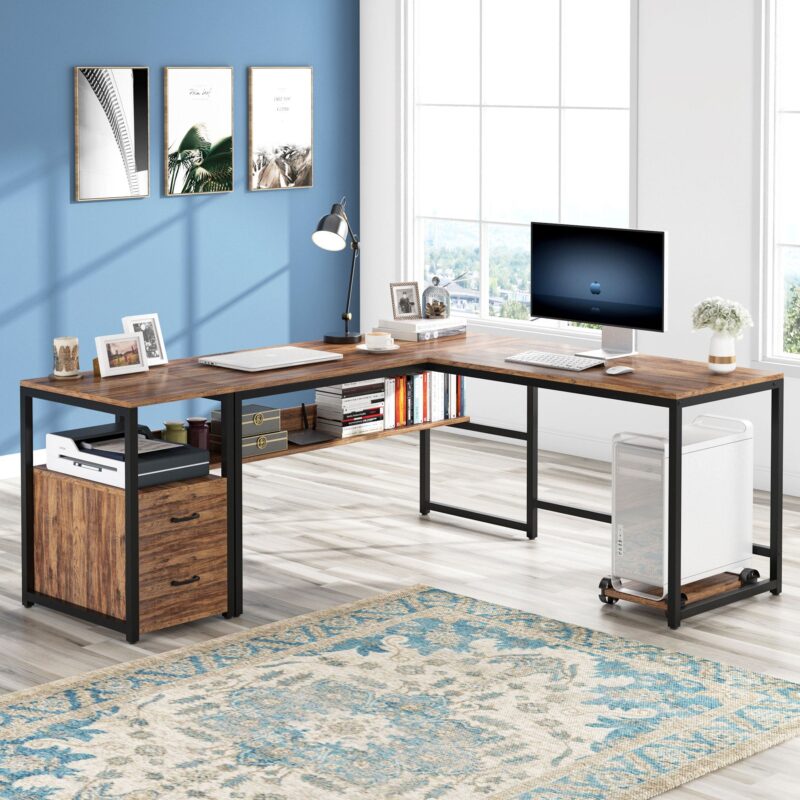 L-Shaped Desk, 70" Computer Desk with Bookcase and Cabinet - Image 2