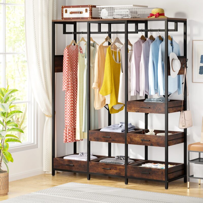 Freestanding Closet Organizer, Large Garment Rack with 6 Open Drawers - Image 3