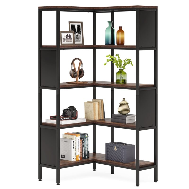 Corner Bookshelf, Industrial 5-Tier L-Shaped Bookcase with Safety Baffles