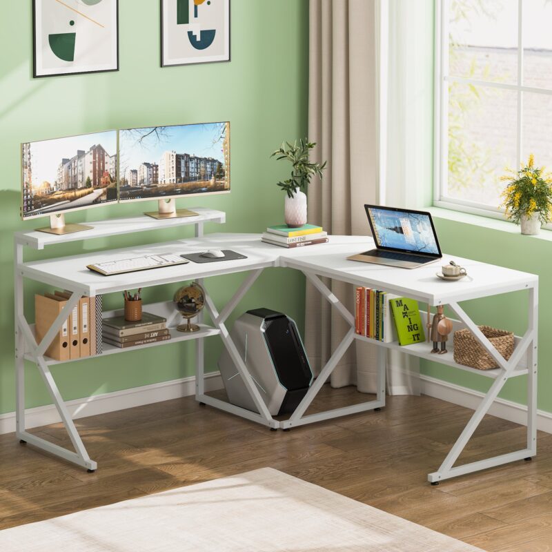 L-Shaped Desk, 63 inch Corner Computer Desk with Shelves