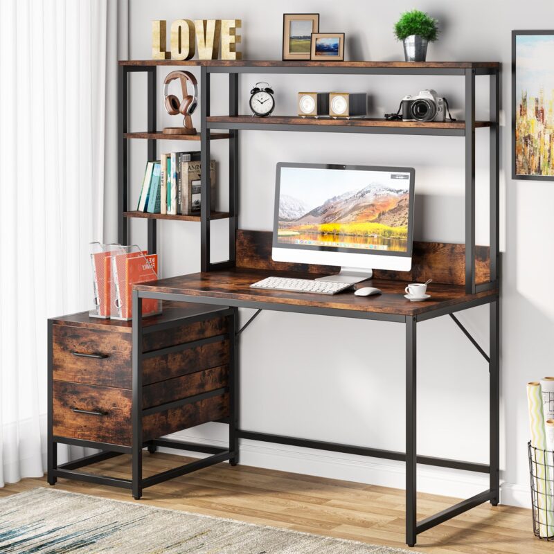 Computer Desk, 55" Writing Table with 2 Drawers and Storage Shelves - Image 3