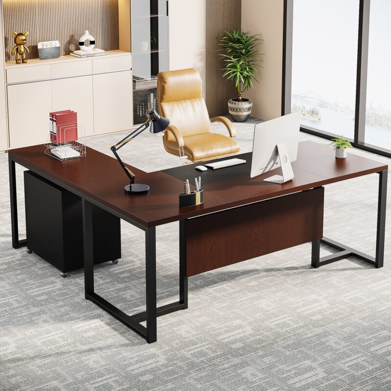 L-Shaped Desk, 70.8’’ Executive Desk with Mobile File Cabinet - Image 2