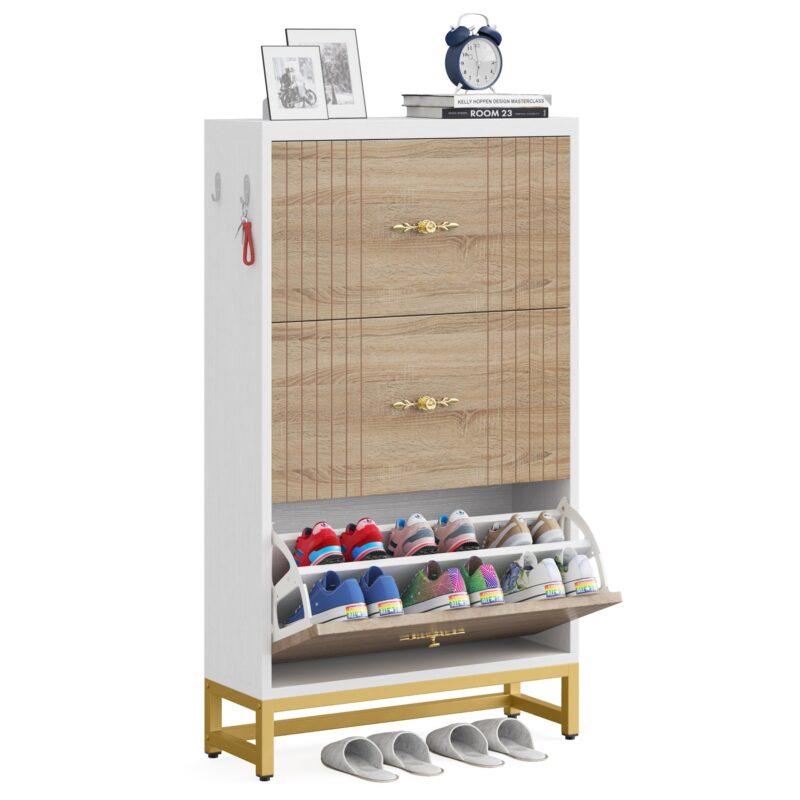 Shoe Cabinet, Modern Shoe Organizer with 3 Flip Drawers & 2 Hanging Hooks - Image 7