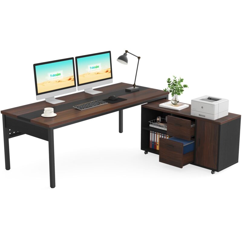 L-Shaped Desk, 71" Executive Desk with 47" Mobile File Cabinet