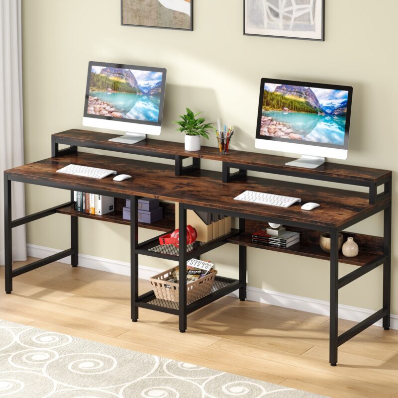 Two Person Desk, 78.7" Double Computer Desk with Monitor Riser & Shelves