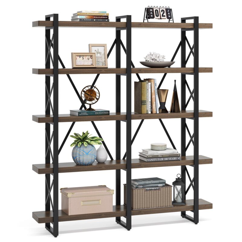 Bookshelf, Double Wide 5-Shelf Etagere Bookcase