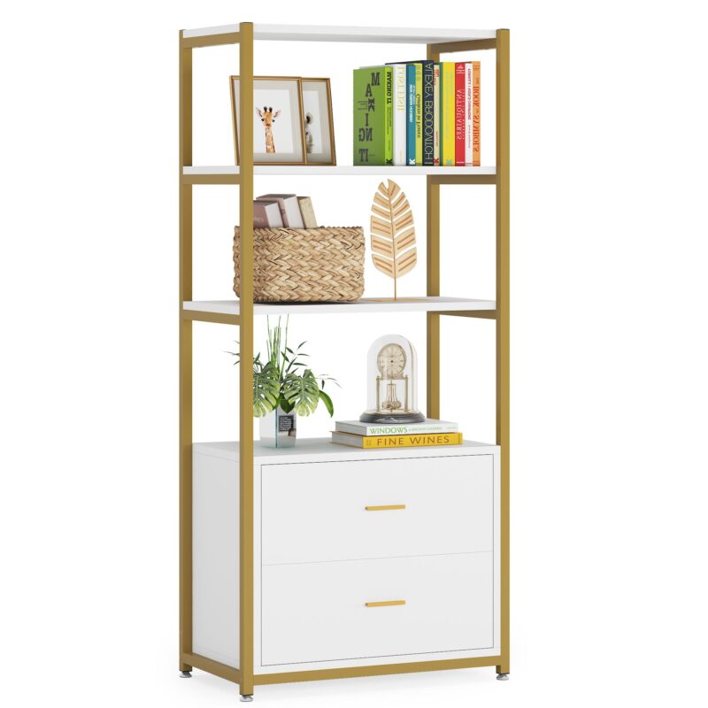 Bookshelf, 4 Tier Etagere Display Bookcase with 2 Drawers - Image 9