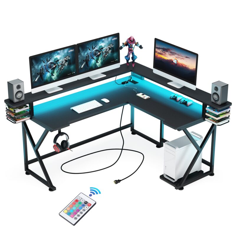 Gaming Desk, L Shaped Desk  with Led Lights & Monitor Stand