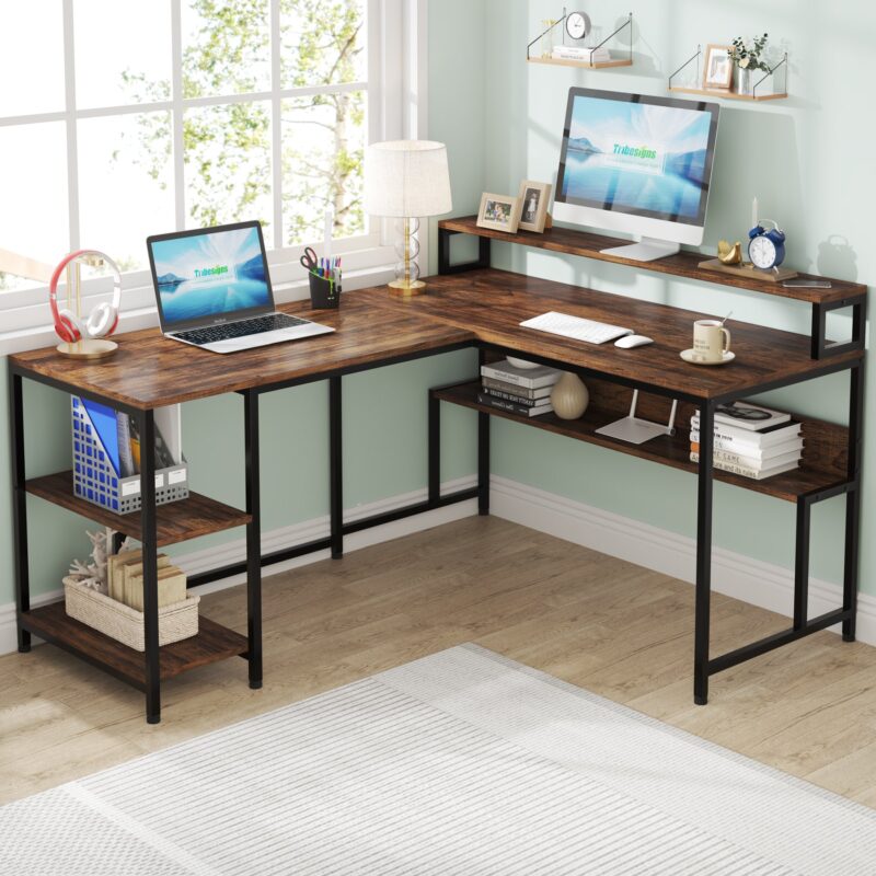 L-Shaped Desk, Reversible Corner Desk with Shelves & Monitor Stand - Image 2