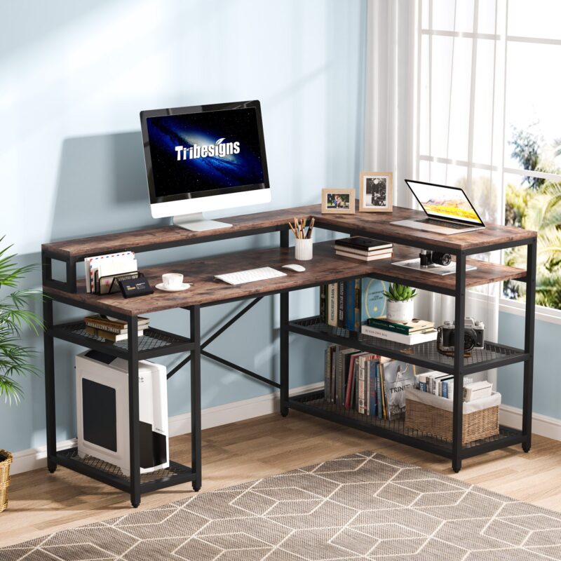 L-Shaped Desk, 59" Corner Computer Desk with Storage Shelf - Image 2