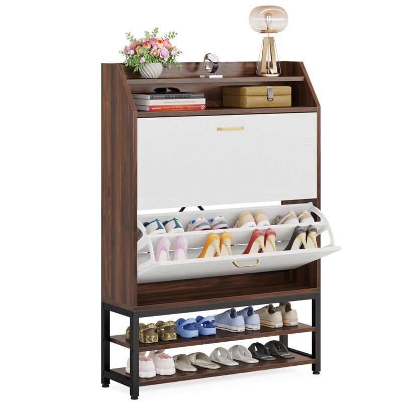 Shoe Cabinet, Freestanding Shoe Organizer with 2 Flip Drawers & Shelves